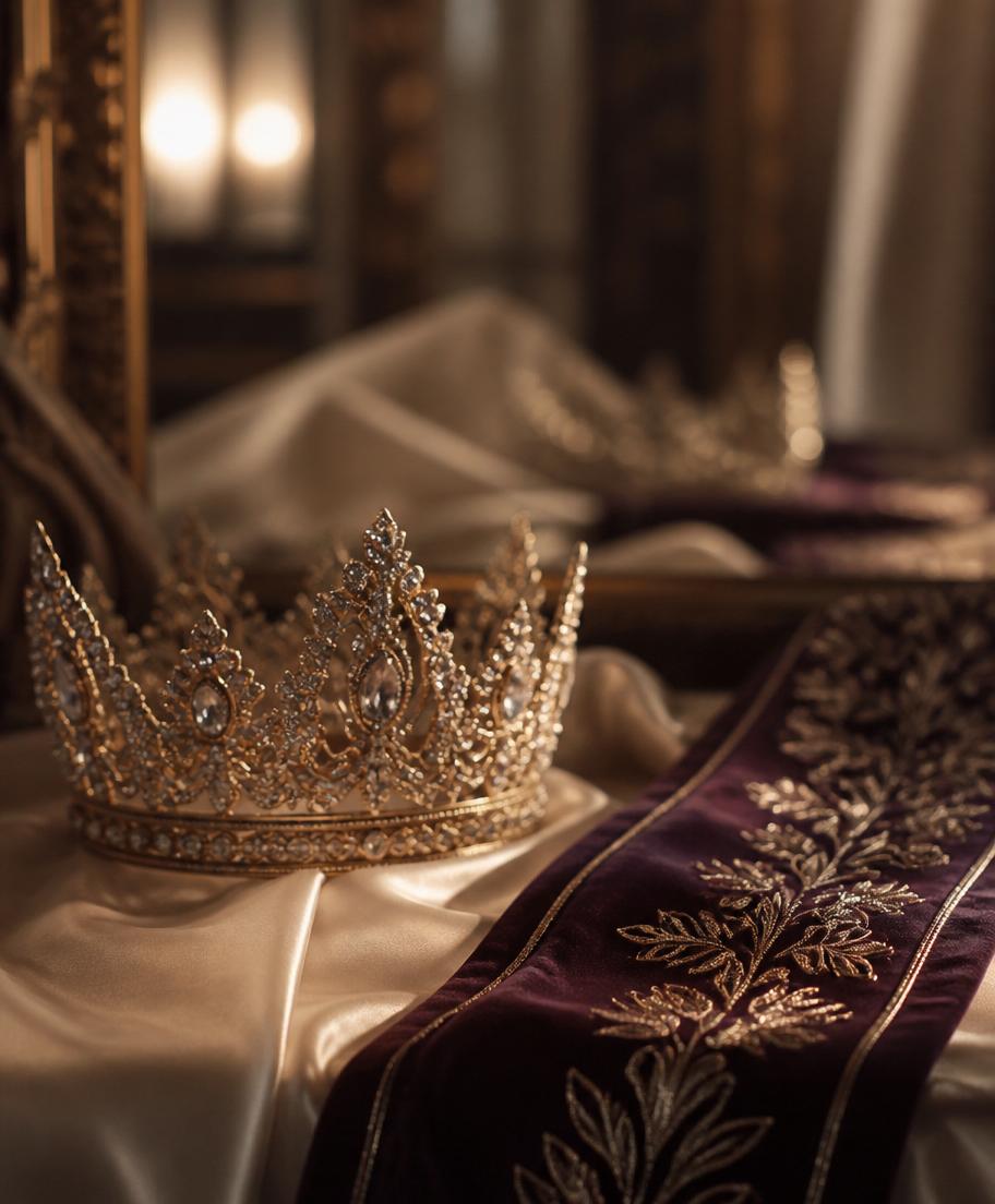 Crown resting on ivory silk beside a plum velvet sash with gold embroidery